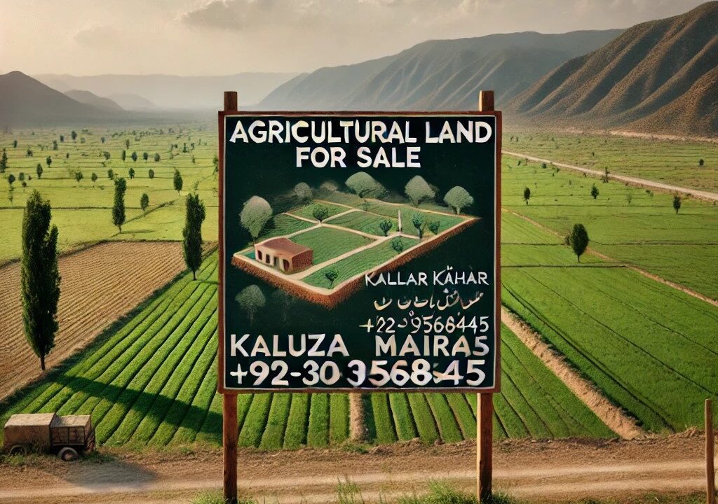 A scenic view of agricultural land for sale in Kallar Kahar, Mouza Maira. The image shows a vast expanse of green fields, rolling hills in the backgro