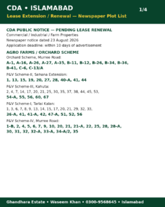 Capital Development Authority (CDA) Announces Pending Commercial Lease Extension Renewals in Islamabad
