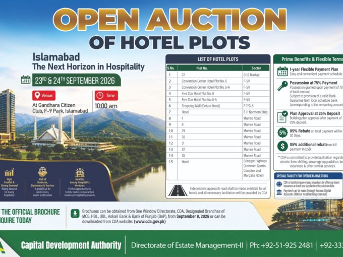 CDA Open Auction of Hotel Plots in Islamabad – 23rd & 24th September 2026